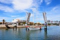 Yacht passing a bascule bridge, Lagos, Portugal.