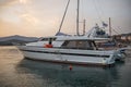 Yacht pier on the seashore at sunset. Royalty Free Stock Photo