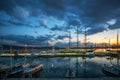 Yacht port and beautiful sunset over Varna, Bulgaria. Sailboat h Royalty Free Stock Photo