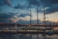 Yacht port and beautiful sunset over Varna, Bulgaria. Sailboat h
