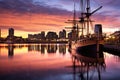 Yacht in the port of Rotterdam at sunset, Holland, Buenos Aires, Puerto Madero at Night, AI Generated Royalty Free Stock Photo