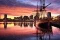 Yacht in the port of Rotterdam at sunset, Holland, Buenos Aires, Puerto Madero at Night, AI Generated