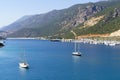 Yacht port in the Turkish city of Kas. Beautiful landscape with blue sea and yachts. Tourist attractions of Turkey and Royalty Free Stock Photo