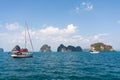 Yacht and power boat with limestone islands, Phang Nga Bay, Phuket, Thailand Royalty Free Stock Photo