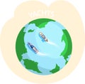 Yacht regatta on wave blue sea, ocean on globe. Sunny summer vacation, travel, marine adventure