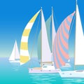 Yacht regatta on wave blue sea ocean. Sunny summer vacation travel adventure background. Striped colorful sail canvas