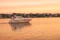 Yacht on river at sunset Royalty Free Stock Photo