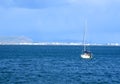 Yacht with a sail. Sailboat at sea on sailing on waves. Yachtsman during training on a sailboat. Royalty Free Stock Photo