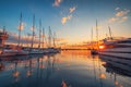 Yacht and sailboat harbor and scenic sunset over the sea. Yachts and boats on the coast