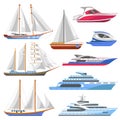 Yacht sailboat or sailing ship and sea marine cruise boat vector flat icons Royalty Free Stock Photo