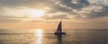 Yacht sailing against sunset. Holiday lifestyle landscape with skyline sailboat and two seagull. Yachting tourism -
