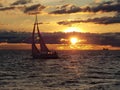 Yacht sailing against sunset. Holiday lifestyle landscape with skyline sailboat and two seagull. Yachting tourism - maritime