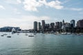 Yacht and sailing boats on Charles River in front of Boston Skyline in Massachusetts USA on a sunny summer day Royalty Free Stock Photo