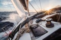 Yacht sailing fast on sea with waves in sunset towards island in Italy Royalty Free Stock Photo