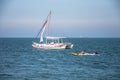 Yacht sailing near the coastline, Odessa City, Ukraine, May 2019