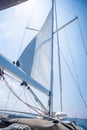 Yacht sailing in an open sea. Close-up view of sails of a sailing yacht in the wind and clear sky with sun Royalty Free Stock Photo