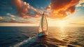 Yacht sailing in an open sea at sunset