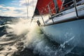 Yacht sailing in open sea at sunset. Sea ocean waves water splashing around sailboat in golden sunlight hours Royalty Free Stock Photo