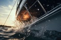 Yacht sailing in open sea at sunset. Sea ocean waves water splashing around sailboat in golden sunlight hours Royalty Free Stock Photo