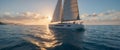 Yacht sailing in open sea at sunset. Tropical seascape. Suitable for travel brochures, maritime themes, or as a background about Royalty Free Stock Photo