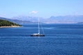 Yacht sailing on the sea. Ionian sea. Sea and mountain view