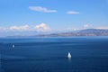 Yacht sailing on the sea. Ionian sea. Sea and mountain view