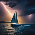 Yacht sailing in a storm with lightning and Royalty Free Stock Photo