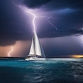 Yacht sailing in a storm with lightning and Royalty Free Stock Photo