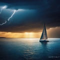 Yacht sailing in a storm with lightning and