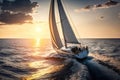 Yacht sailing towards the sunset. AI Generation Royalty Free Stock Photo