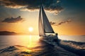 Yacht sailing towards the sunset. AI Generation Royalty Free Stock Photo