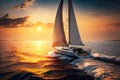 Yacht sailing towards the sunset. AI Generation Royalty Free Stock Photo