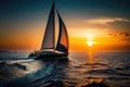 Yacht sailing towards the sunset. AI Generation Royalty Free Stock Photo