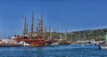 Yacht and sailing vessels anchored in the port