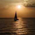 The yacht sails against the sunset. Festive landscape with a sailboat. Romantic trip on a luxury yacht during sunset at sea