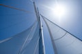 Yacht sails on clear blue sky background. Sailing with the wind at open sea ocean, summer holidays Royalty Free Stock Photo