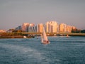 A yacht with sails drifts on the river against the background of a residential neighborhood with high-rise buildings. Saint- Royalty Free Stock Photo