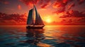 A yacht with scarlet sails on the background of a sunset at sea. Generated by AI