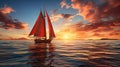 A yacht with scarlet sails on the background of a sunset at sea. Generated by AI