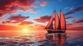 A yacht with scarlet sails on the background of a sunset at sea. Generated by AI