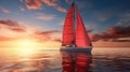 A yacht with scarlet sails on the background of a sunset at sea. Generated by AI