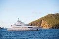 Yacht at sea coast on sunny blue sky in gustavia, st.barts. Yachting and sailing adventure. Luxury travel and voyage on boat. Summ Royalty Free Stock Photo