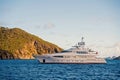 Yacht at sea coast on sunny blue sky in gustavia, st.barts. Yachting and sailing adventure. Luxury travel and voyage on Royalty Free Stock Photo