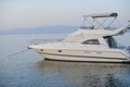 Yacht at sea coast on sunny blue sky. Yachting and sailing adventure. Luxury travel and voyage on boat. Summer vacation