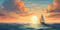 Yacht at sea during lovely summer sunset, sailing at sea