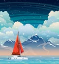 Yacht, sea, mountain and night sky. Summer landscape. Royalty Free Stock Photo