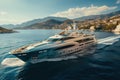 A yacht in the sea near the shores of land, in the background tourist cities and mountains.