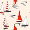 Yacht in the sea seamless pattern design red pastel beige summer print, marine trip , voyage travel