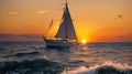 Yacht at sea at sunset. Flying birds. Generative AI Royalty Free Stock Photo