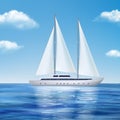 Yacht in sea. Travel water transport in ocean cruising boat expedition concept seascape ship decent vector realistic Royalty Free Stock Photo